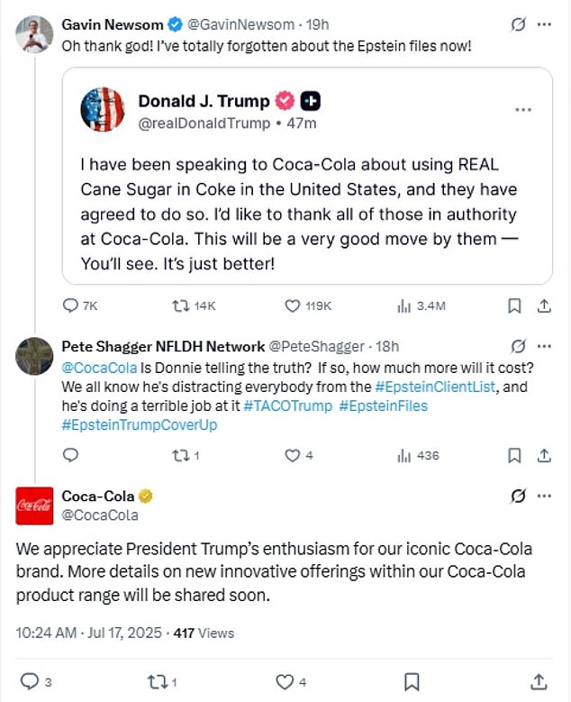 California Governor Gavin Newsom slammed Trump's Coke negotiations as a distraction technique after he reneged on his promise to release the Jeffrey Epstein files