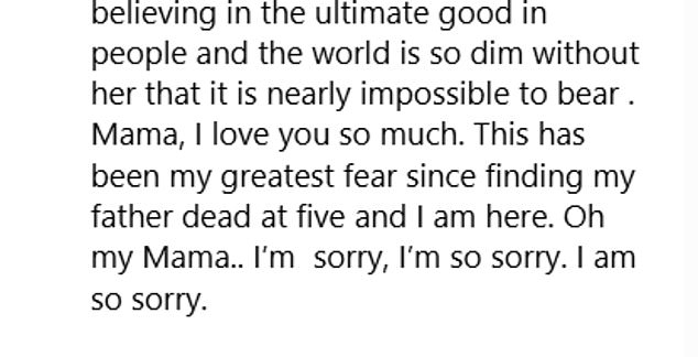 She penned: 'I am paralysed. Jude was the compass of my life ,the love of my life, my dearest friend. The vastness and huge heart of this tiny woman has touched so many people who love her dearly'