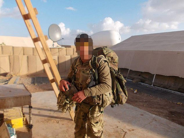 Another former translator Khan, pictured here serving with UK forces, was hunted down and wounded by the Taliban