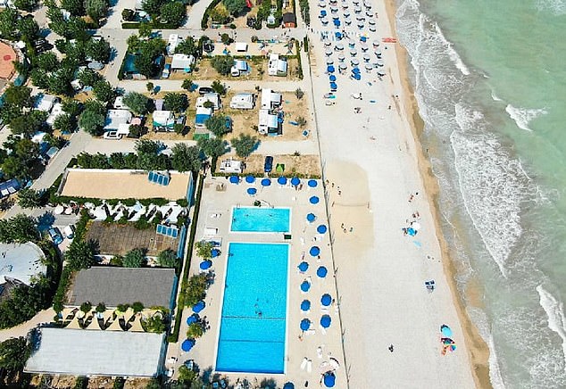 Italian local media has reported the daredevil crashed into the pool of the Le Mimose campsite (pictured) after feeling unwell before taking off