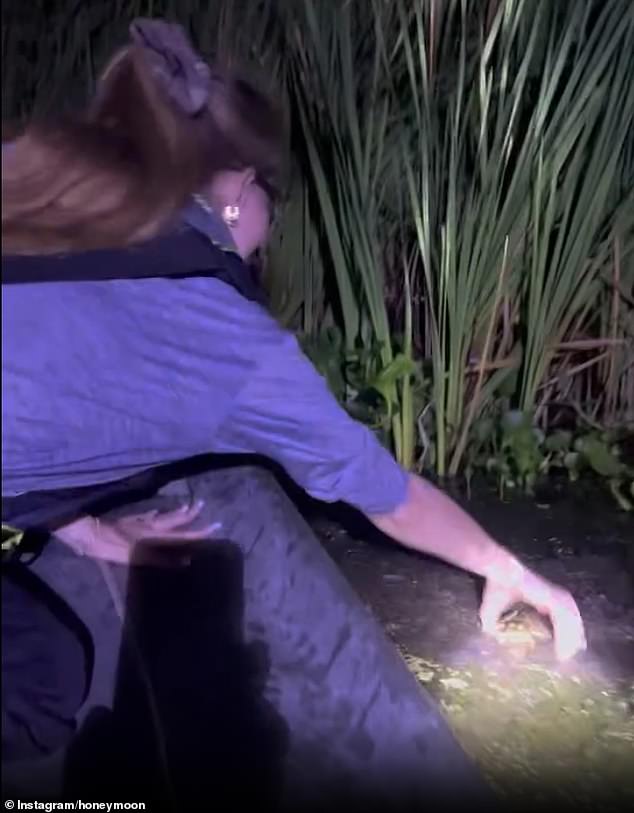 Her carousel ended with a dramatic nighttime video of her and Jeremy's bayou adventure. At one point she reached into the water to touch an alligator, all while splashing Jeremy