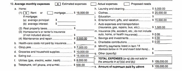 Other items on his list included $18,000 on rent, $5,000 on repairs, $7,000 on childcare, $10,000 on groceries, $15,000 on eating out, $8,000 on utilities, $500 on his cell phone, $5,000 on laundry and $15,000 on entertainment