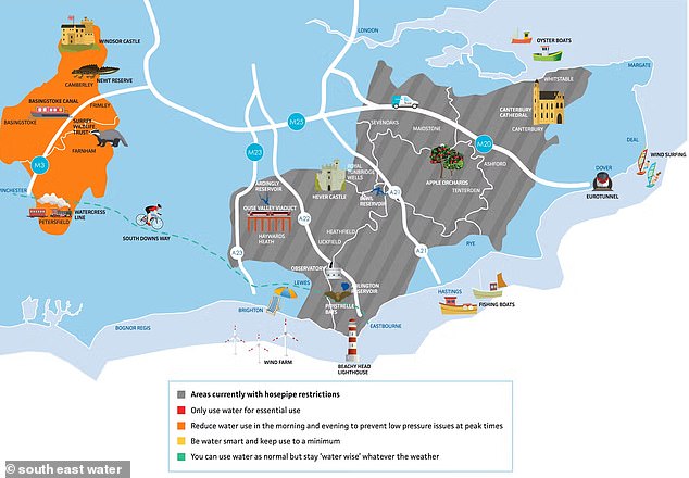 South East Water has begun a hosepipe ban in the grey shaded area of Kent and Sussex today