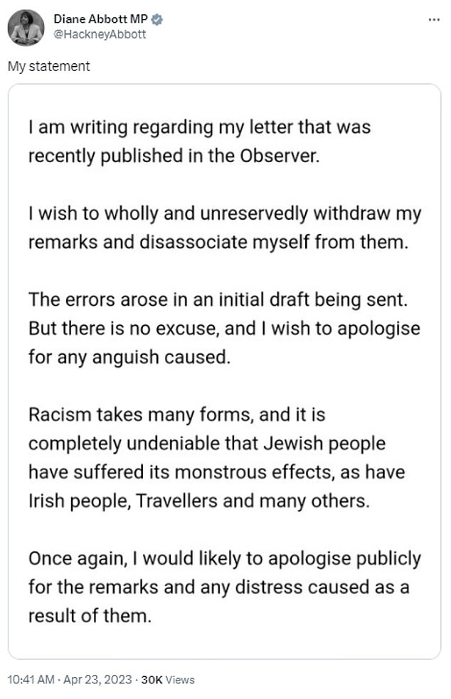 Ms Abbott  issued a public apology in 2023 to 'wholly and unreservedly withdraw my remarks and disassociate myself from them'