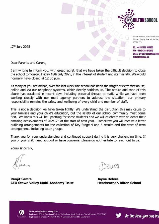 A letter sent to parents by Ranjit Samra, CEO of the Academy Trust announced the school would be closing early