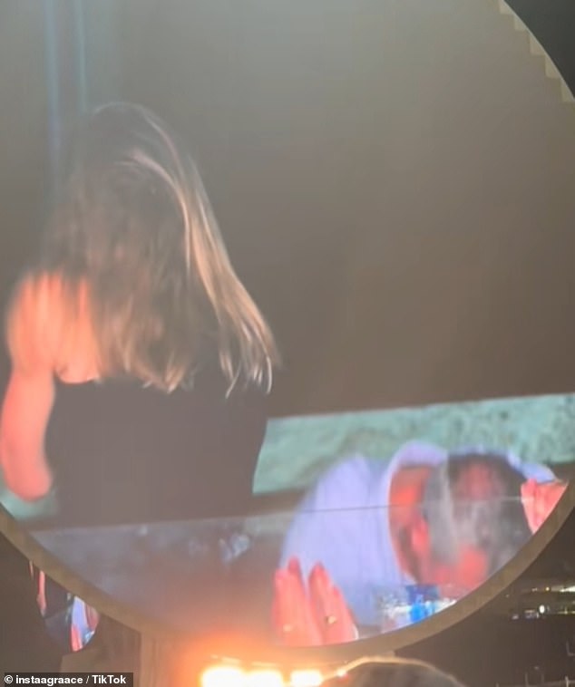 As the frontman panned his 'kiss cam' around the crowd at Gillette Stadium in Boston on Wednesday, the pair looked horrified to be seen by thousands on the big screen
