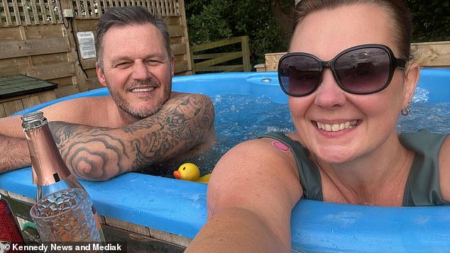 Emma's husband, Andrew (pictured left) poured the lighting fluid into the fire pit when a sudden gust of wind blew the fuel over Emma
