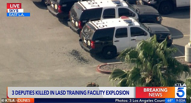 Aerial footage showed an LASD vehicle with a shattered rear windshield, and bomb trucks were at the scene
