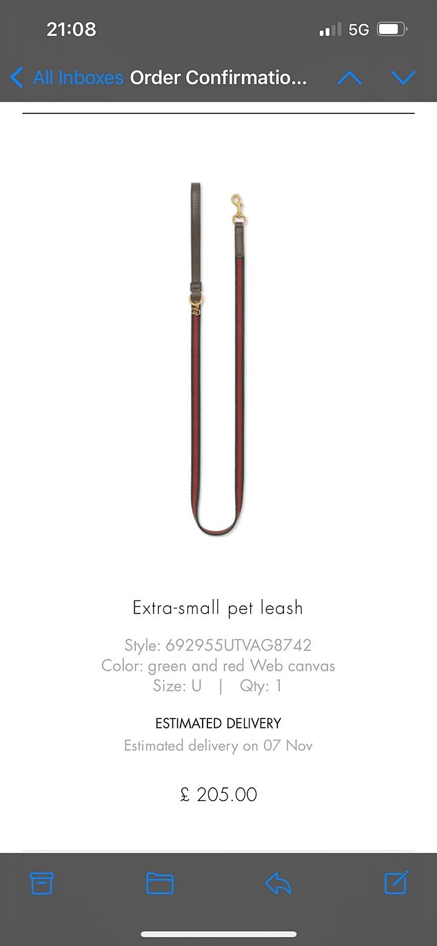 Pictured: A small pet leash worth £205 Mason ordered for her beloved cat
