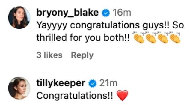 Emily gushed in the caption: 'It's Friday, I'm in love' while fans and famous friends rushed to the comments to offer their congratulations
