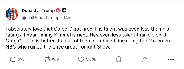 President Donald Trump trolled Stephen Colbert via Truth Social Friday morning over news that CBS will end the show after next season, which Colbert announced during a taping on Thursday
