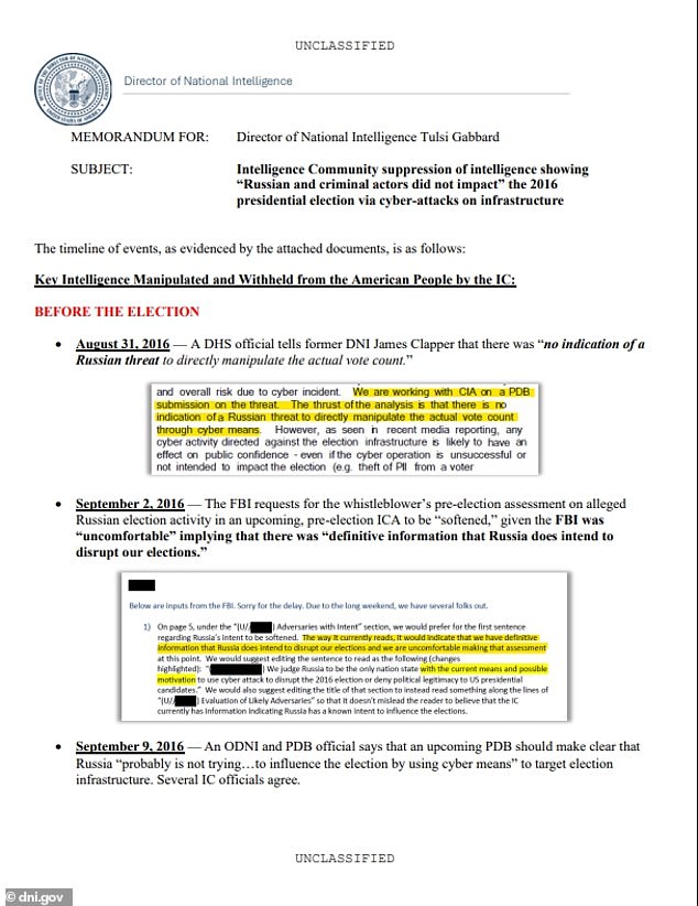 Documents show officials crafting a document saying there wasn't an indication Russia could manipulate the vote count