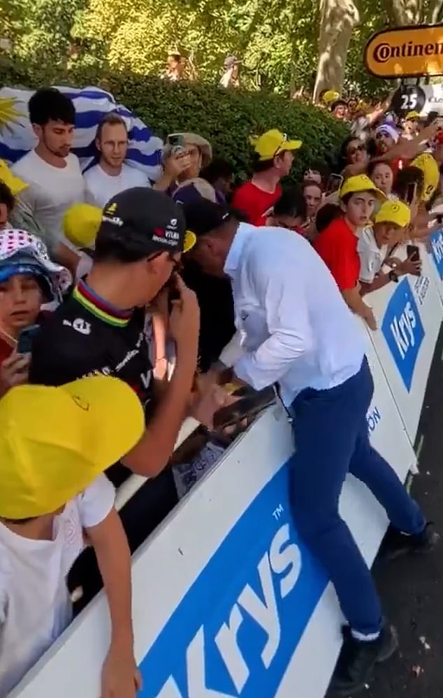 The shocking takedown, just 25 metres from the stage 11 finish line, drew gasps from onlookers as security scrambled to restrain the protester amid the chaos