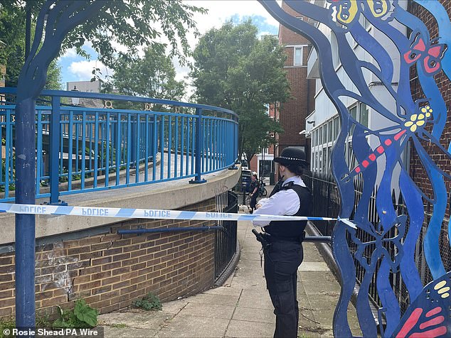Police tape cordoning off the area near Emslie Horniman's Pleasance park in London