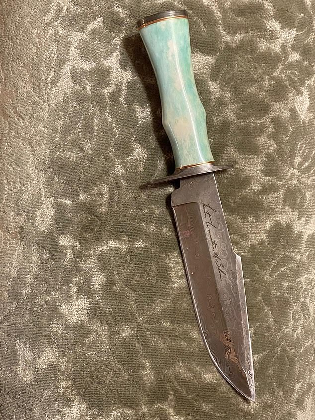 For his 49th birthday, Amber gave Johnny a turquoise-handled knife (pictured), the blade inscribed with 'hasta la muerte', meaning 'until death'