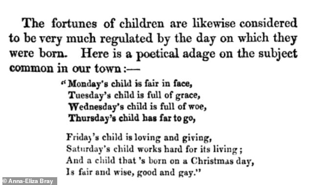 The nursery rhyme dates back to at least 1836, when it was published in 'Traditions of Devonshire' by English writer Anna-Eliza Bray. Note the variation in the final two lines - most notably with a reference to Christmas day instead of the Sabbath day (Sunday)