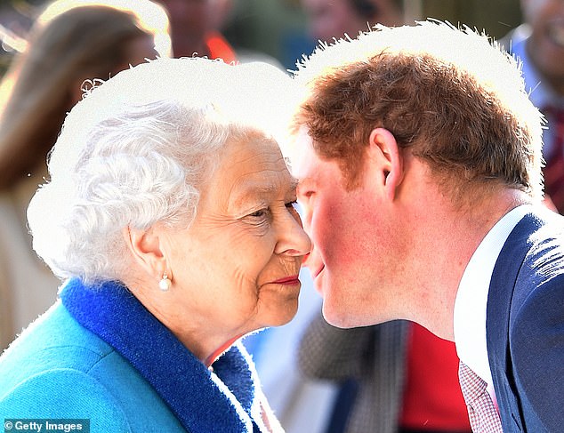 Harry kisses his grandmother on the cheek. Elizabeth was still somewhat blindsided when he asked for permission to marry Meghan without his father or Prince Philip present