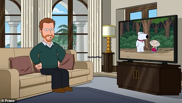 The scene then cuts away to Prince Harry, sat at home on the sofa who moans 'Again?' after the second takedown on the show before saying that the audiences wives are no better