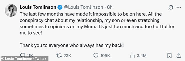 Louis said: 'It's just too much and too hurtful for me to see! Thank you to everyone who always has my back!'