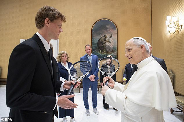 When he has the time, the pope picks up a tennis racquet. Pictured, Italian tennis player Jannik Sinner gave a tennis racket to Pope Leo XIV in Vatican City, in May
