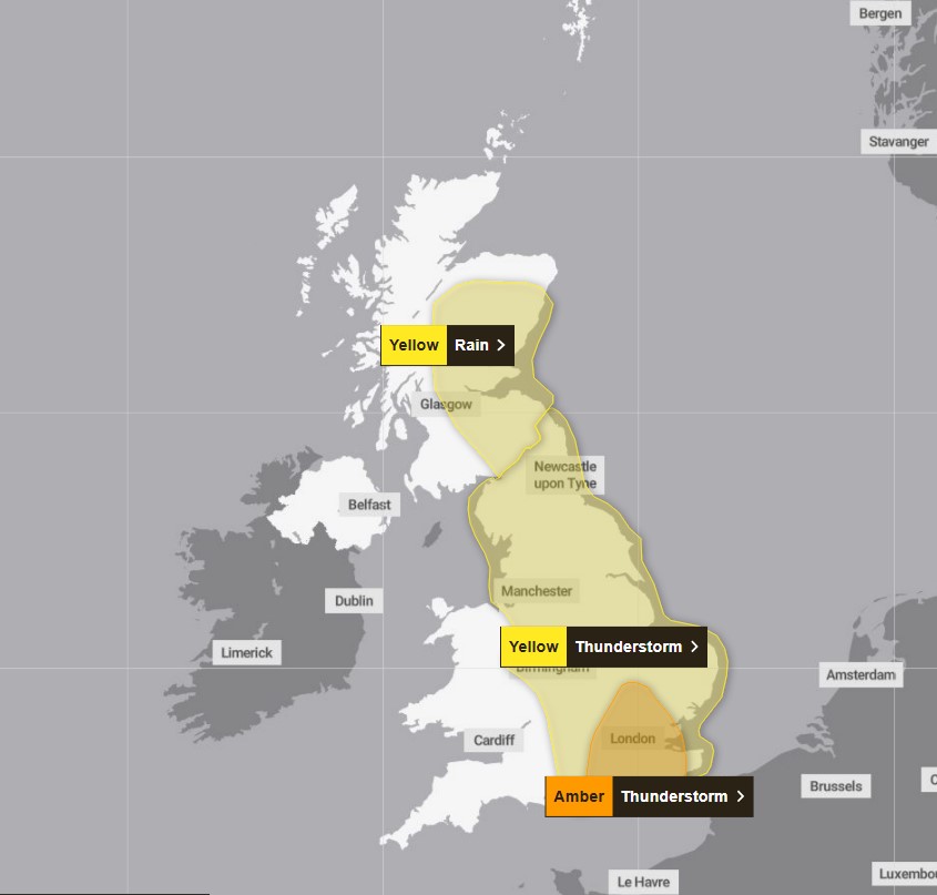 Map of the UK highlighting yellow and amber weather warnings for rain and thunderstorms.