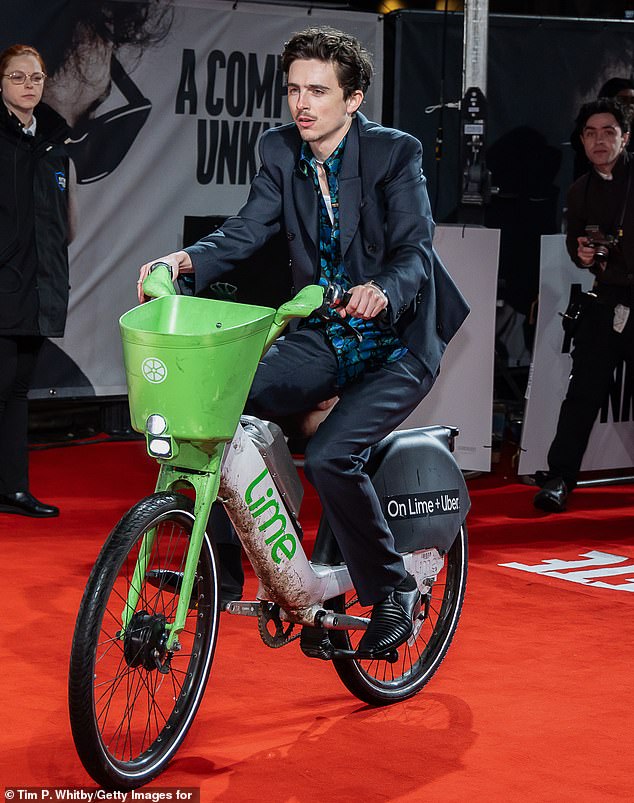 Timothee arrived at the Bob Dylan biopic A Complete Unknown UK premiere on a Lime bike on January 14 after his car got stuck in traffic