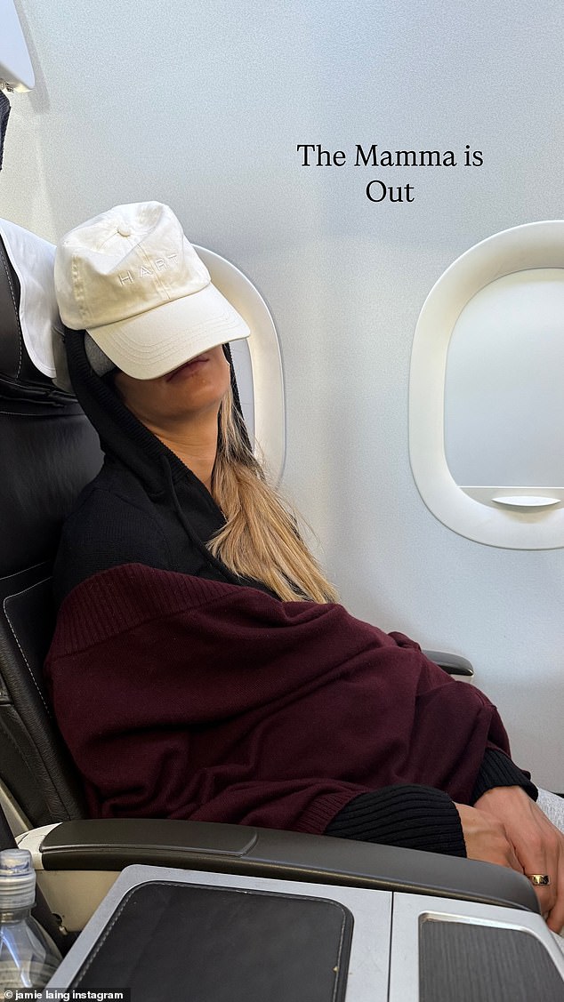 He then posted a funny snap of the soon mother-to-be curled up on a chair of a plane with a thick eye mask and a cap covering the top of her face