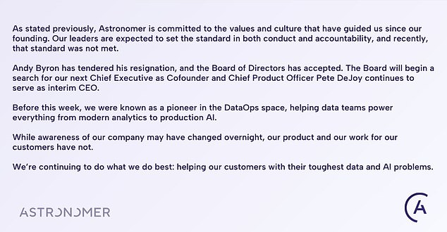 Astronomer announced the CEO's resignation on Saturday following an internal investigation that put Byron and Cabot on leave on Friday