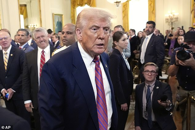 Donald Trump (pictured this week) is now suing The Wall Street Journal (WSJ) for $10billion (£7.46billion) for a story published last week alleging his contribution to the book was a 'sexually suggestive' and 'bawdy' letter to Epstein
