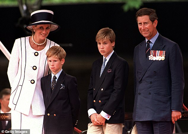 Prince Harry with his mother Princess Diana and his brother and father in 1994. Royal author Ingrid Seward claims the Queen thought Charles had done well raising William and Harry following the breakdown of his marriage to Princess Diana