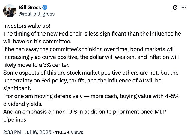 Bill Gross, co-founder of Pimco and widely regarded as the 'Bond King,' issued a warning on X earlier this week