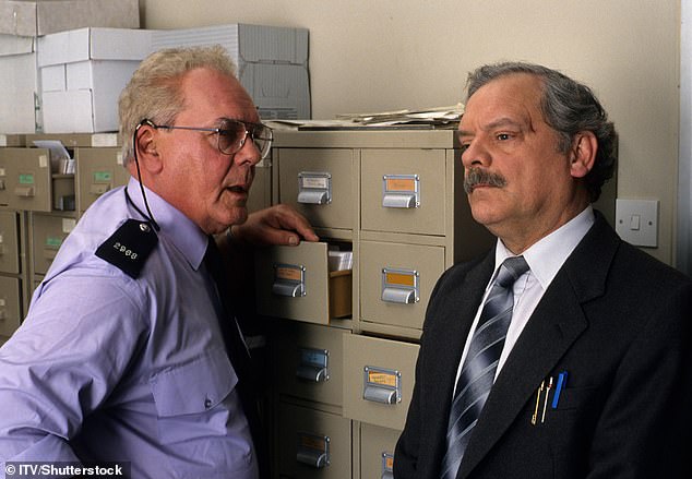 Arthur White, 91, starred next to his brother in several episodes of A Touch of Frost where he played PC Ernie Trigg in the police crime drama. Pictured: Arthur and David on A Touch Of Frost