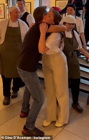 And in one Instagram clip he offered his chefs tips before sharing warm hugs with female kitchen workers and pecking one on the cheek