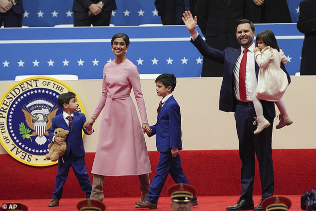 The family visited Disneyland California last week, with rides closed to the public and an estimated security and Disney personnel entourage of around 50 people (The Vance family pictured at the Presidential Inauguration parade in January)