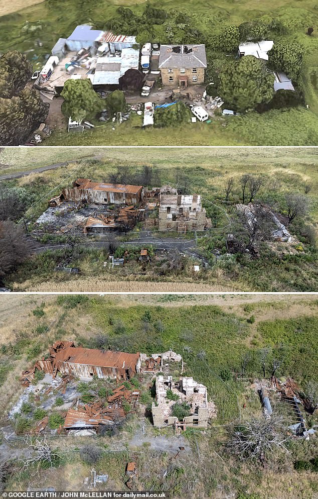 TIME FLIES: A property in Wennington pictured before (top), 1 year (middle) and 3 years (bottom) after the fire