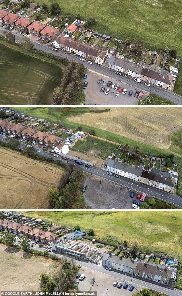 TIME FLIES: Marine Cottages in Wennington pictured before (top), 1 year (middle) and 3 years (bottom) after the fire