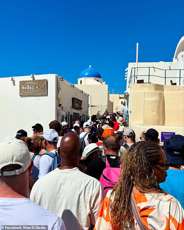 She posted a picture of a packed street writing, 'Santorini! When we stayed here in 2022 we scoffed at the people who came off the cruise ships. This time, we were those people! Santorini in summer is no joke'