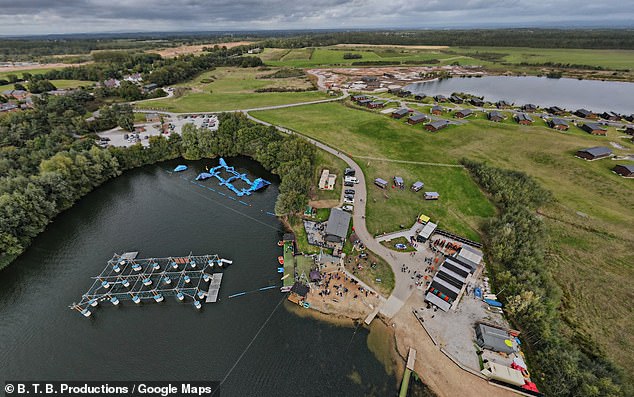 The Wild Shore Delamere water park (left) has been shut while police search the surrounding area