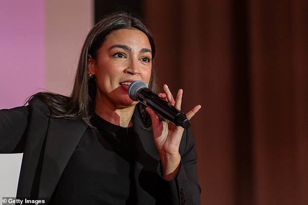 Rep. Alexandria Ocasio-Cortez (D-NY) departs from a town hall gathering on May 2, 2025 in New York City