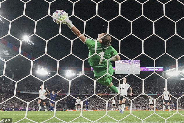 Germany goalkeeper Berger managed to scoop away the shot from the French player, keeping 10-woman Germany in the match - that went to penalties...meaning Berger was called upon once more