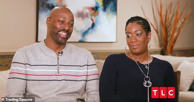 As well as keeping the wooden blinds that were put in to cover the door to the room, the couple did also actually stick with one wall of the leafy wallpaper. Cornell joked: 'Got to have a conversation piece'. Pictured: The couple during the reunion episode