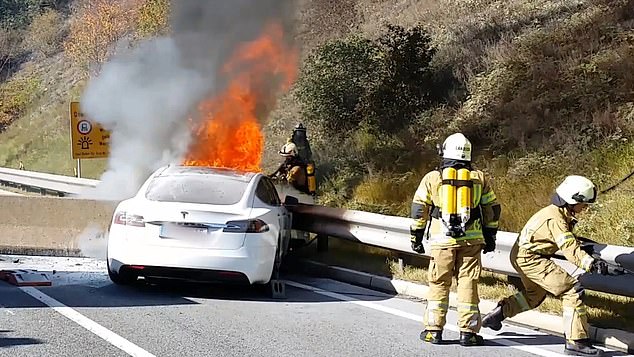 US firefights attend an abandoned Tesla burning on the side of a road