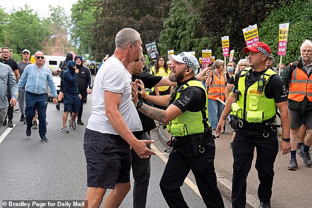 Ministers established a 'working group' in February to create a new definition. Pictured: Residents protesting this week outside The Bell Hotel, which is currently housing migrants, in Epping, Essex