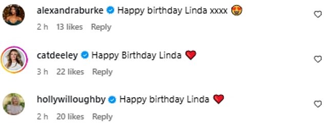 Cat Deeley, Holly Willoughby and Alexandra Burke also wished Linda a happy birthday'