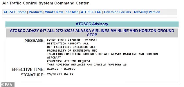 The major airline issued an extraordinary request at 10.50pm EST to the US Federal Aviation Administration to stop all mainline flights across the United States due to a system-wide IT outage