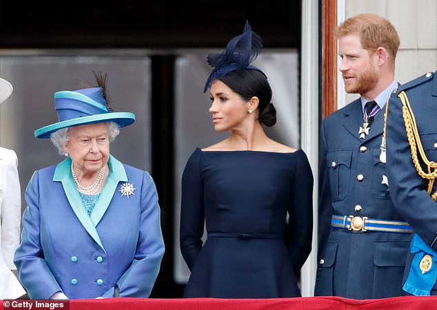 It was the late Queen, pictured alongside Harry and Meghan in 2018, who found herself in an 'impossible position' when it came to dealing with her grandson's antics
