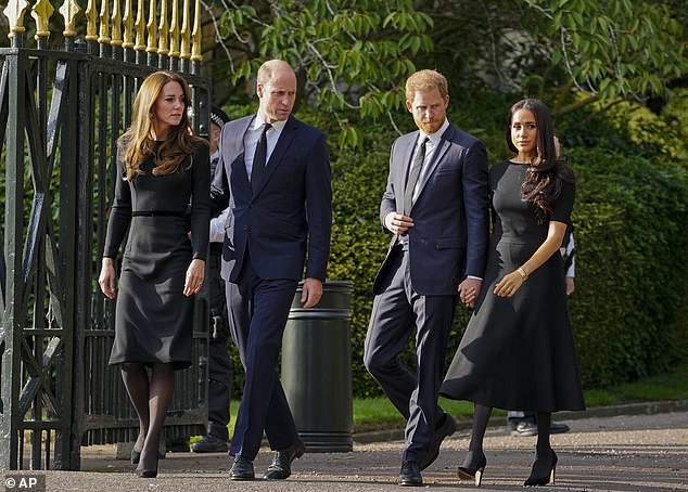 The Waleses and the Sussexes are pictured during the notoriously awkward walkabout following the Queen's death in 2022