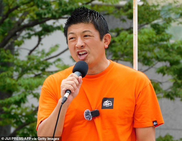 Japan's opposition party Sanseito leader Sohei Kamiya delivers a campaign speech ahead of the July 20 upper house elections in Yokkaichi, Mie Prefecture on July 18, 2025