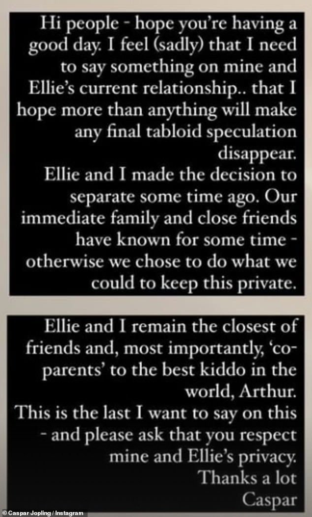 Caspar added: Ellie and I remain the closest of friends and most importantly 'co-parents' to the best kiddo in the world, Arthur'