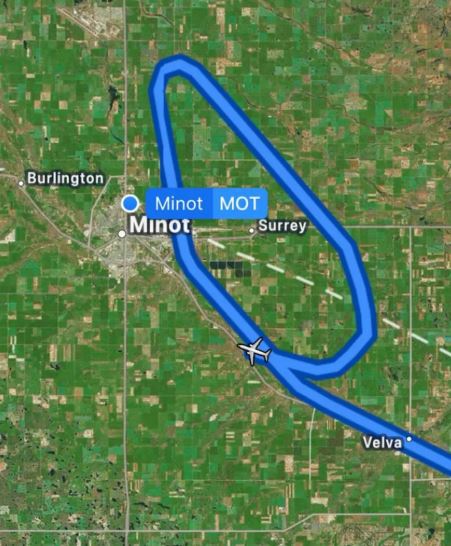 Map showing flight path near Minot, North Dakota.